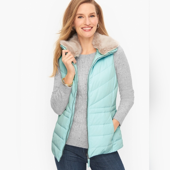 Talbots Jackets & Blazers - Talbots Aqua Down Puffer Vest With Removable Faux Fur Collar